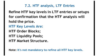 7.2. HTF analysis, LTF Entries
Refine HTF key levels in LTF entries or setups
for confirmation that the HTF analysis will
hold the price.
HTF Key Levels Are:
HTF Order Blocks;
HTF Liquidity Pools;
HTF Market Structure.
Note: It's not mandatory to refine all HTF key levels.
 