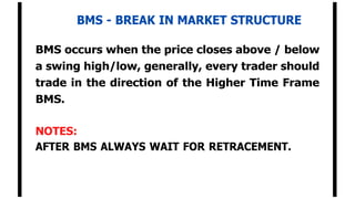 BMS - BREAK IN MARKET STRUCTURE
BMS occurs when the price closes above / below
a swing high/low, generally, every trader should
trade in the direction of the Higher Time Frame
BMS.
NOTES:
AFTER BMS ALWAYS WAIT FOR RETRACEMENT.
 