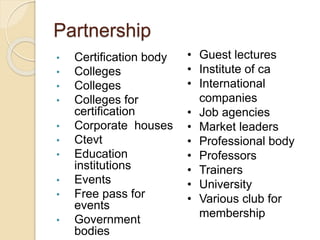 Partnership
• Certification body
• Colleges
• Colleges
• Colleges for
certification
• Corporate houses
• Ctevt
• Education
institutions
• Events
• Free pass for
events
• Government
bodies
• Guest lectures
• Institute of ca
• International
companies
• Job agencies
• Market leaders
• Professional body
• Professors
• Trainers
• University
• Various club for
membership
 