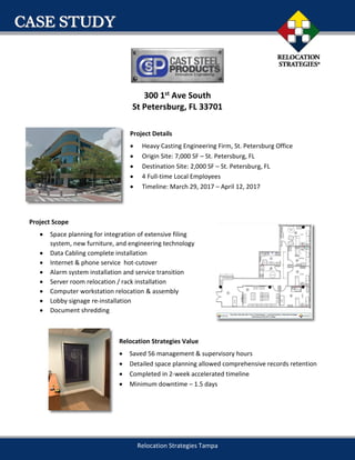 Relocation Strategies Tampa
300 1st Ave South
St Petersburg, FL 33701
Project Details
• Heavy Casting Engineering Firm, St. Petersburg Office
• Origin Site: 7,000 SF – St. Petersburg, FL
• Destination Site: 2,000 SF – St. Petersburg, FL
• 4 Full-time Local Employees
• Timeline: March 29, 2017 – April 12, 2017
Project Scope
• Space planning for integration of extensive filing
system, new furniture, and engineering technology
• Data Cabling complete installation
• Internet & phone service hot-cutover
• Alarm system installation and service transition
• Server room relocation / rack installation
• Computer workstation relocation & assembly
• Lobby signage re-installation
• Document shredding
Relocation Strategies Value
• Saved 56 management & supervisory hours
• Detailed space planning allowed comprehensive records retention
• Completed in 2-week accelerated timeline
• Minimum downtime – 1.5 days
 