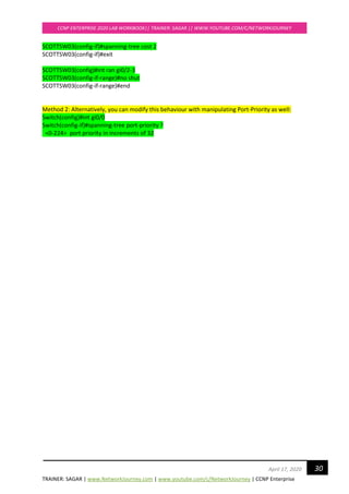 TRAINER: SAGAR | www.NetworkJourney.com | www.youtube.com/c/NetworkJourney | CCNP Enterprise
CCNP ENTERPRISE 2020 LAB WORKBOOK|| TRAINER: SAGAR || WWW.YOUTUBE.COM/C/NETWORKJOURNEY
30April 17, 2020
SCOTTSW03(config-if)#spanning-tree cost 2
SCOTTSW03(config-if)#exit
SCOTTSW03(config)#int ran gi0/2-3
SCOTTSW03(config-if-range)#no shut
SCOTTSW03(config-if-range)#end
Method 2: Alternatively, you can modify this behaviour with manipulating Port-Priority as well:
Switch(config)#int gi0/0
Switch(config-if)#spanning-tree port-priority ?
<0-224> port priority in increments of 32
 