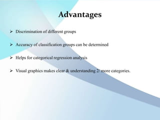 Advantages
 Discrimination of different groups
 Accuracy of classification groups can be determined
 Helps for categorical regression analysis
 Visual graphics makes clear & understanding 2/ more categories.
 