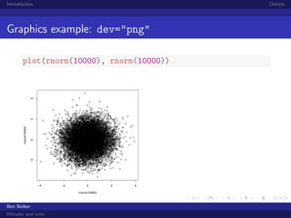 Introduction

Details

Graphics example: dev="png"

0
−2

rnorm(10000)

2

4

plot(rnorm(10000), rnorm(10000))

−4

−2

0
rnorm(10000)

Ben Bolker
RStudio and knitr

2

4

 