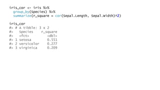 iris_cor <- iris %>%
group_by(Species) %>%
summarize(r_square = cor(Sepal.Length, Sepal.Width)^2)
iris_cor
#> # A tibble: ...