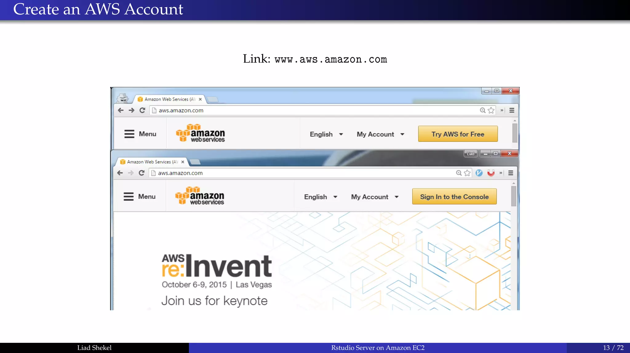 Create an AWS Account
Link: www.aws.amazon.com
Liad Shekel Rstudio Server on Amazon EC2 13 / 72
 