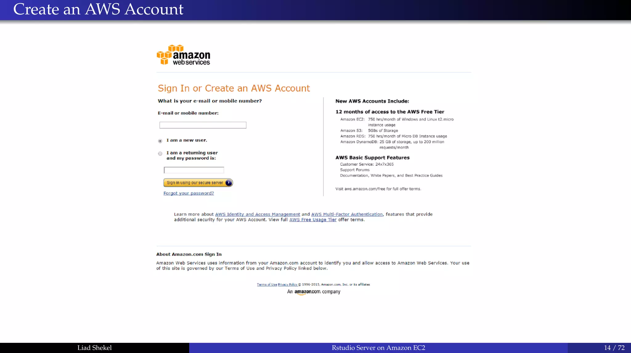Create an AWS Account
Liad Shekel Rstudio Server on Amazon EC2 14 / 72
 