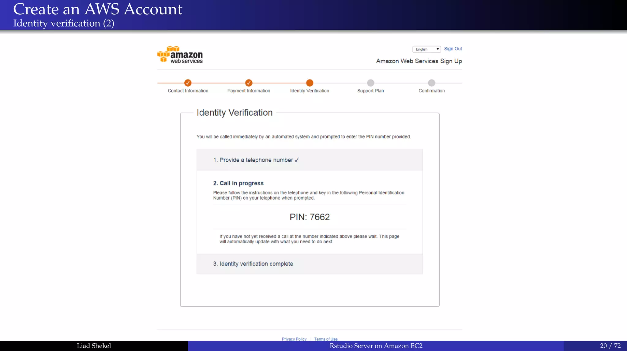 Create an AWS Account
Identity veriﬁcation (2)
Liad Shekel Rstudio Server on Amazon EC2 20 / 72
 