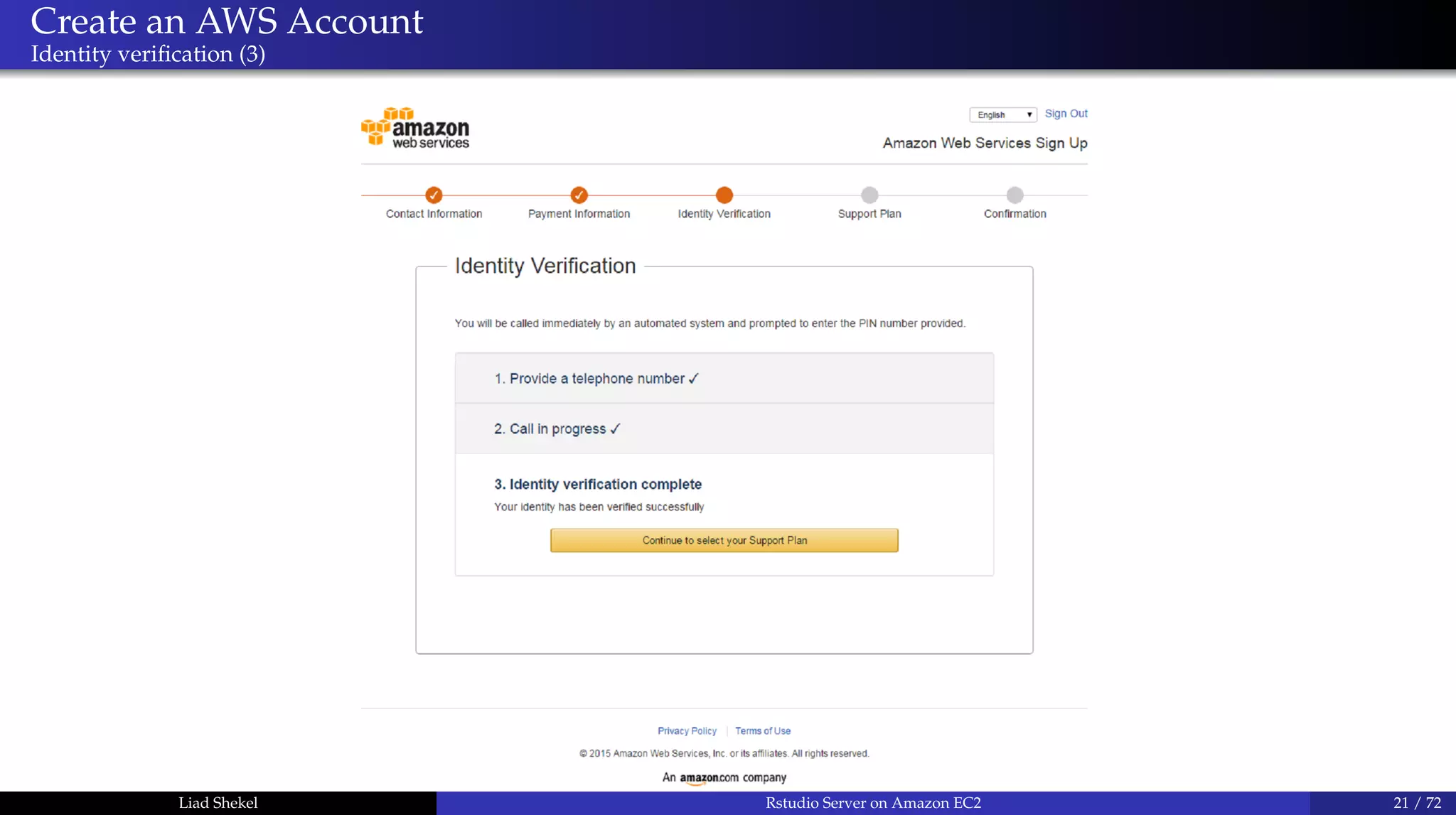 Create an AWS Account
Identity veriﬁcation (3)
Liad Shekel Rstudio Server on Amazon EC2 21 / 72
 
