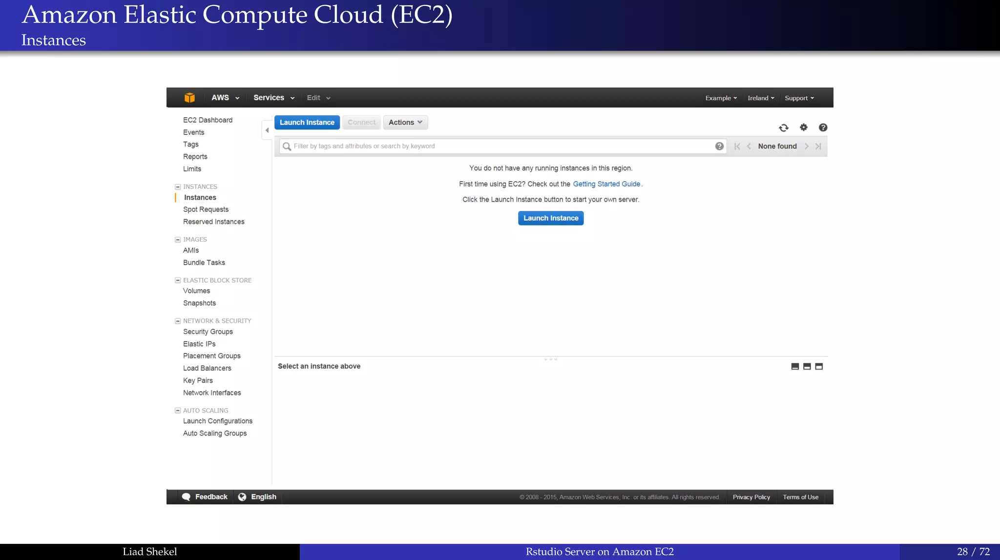 Amazon Elastic Compute Cloud (EC2)
Instances
Liad Shekel Rstudio Server on Amazon EC2 28 / 72
 