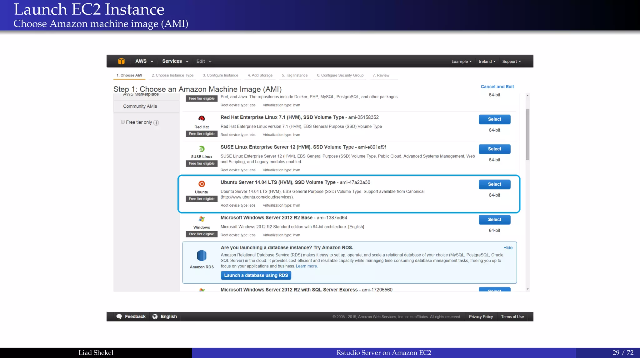 Launch EC2 Instance
Choose Amazon machine image (AMI)
Liad Shekel Rstudio Server on Amazon EC2 29 / 72
 