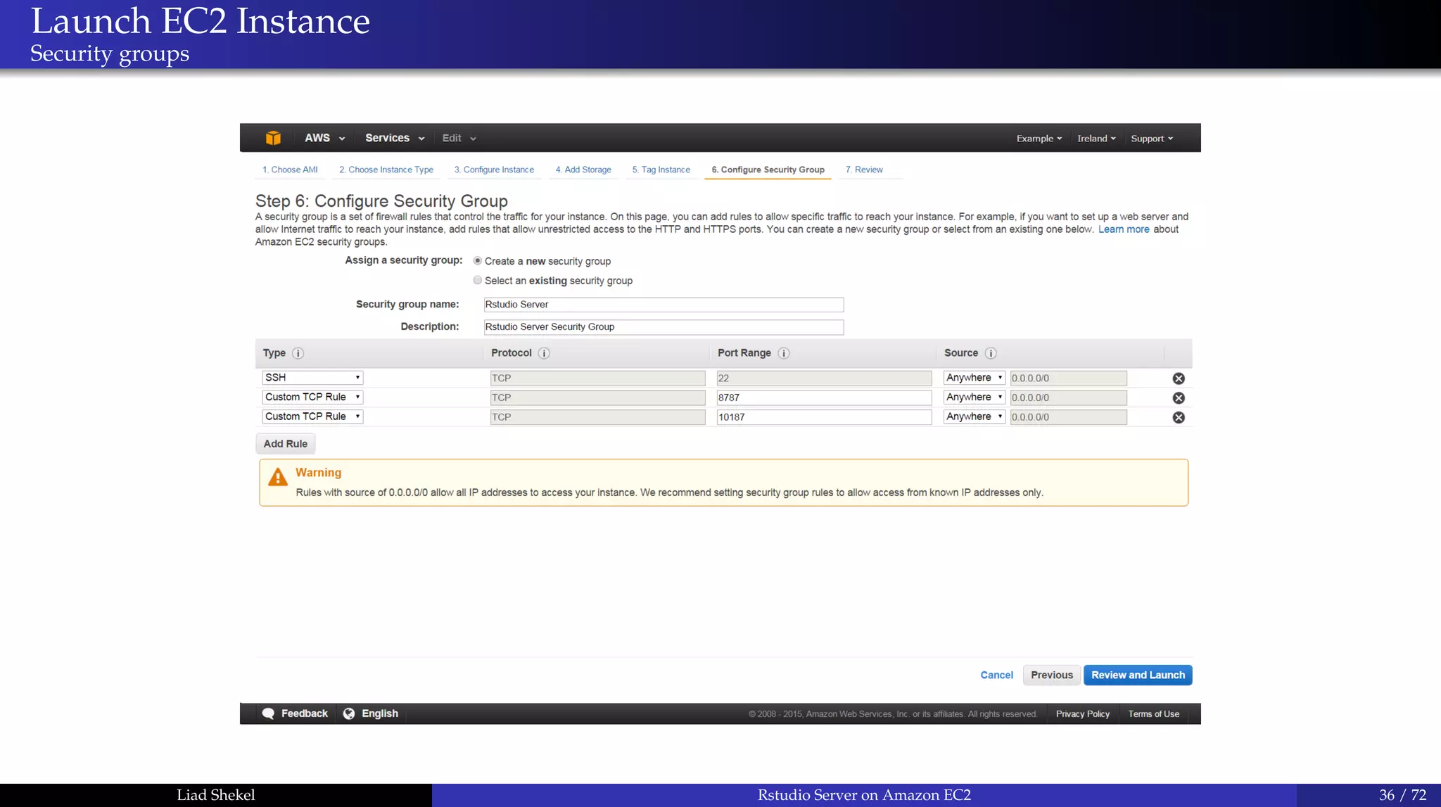 Launch EC2 Instance
Security groups
Liad Shekel Rstudio Server on Amazon EC2 36 / 72
 