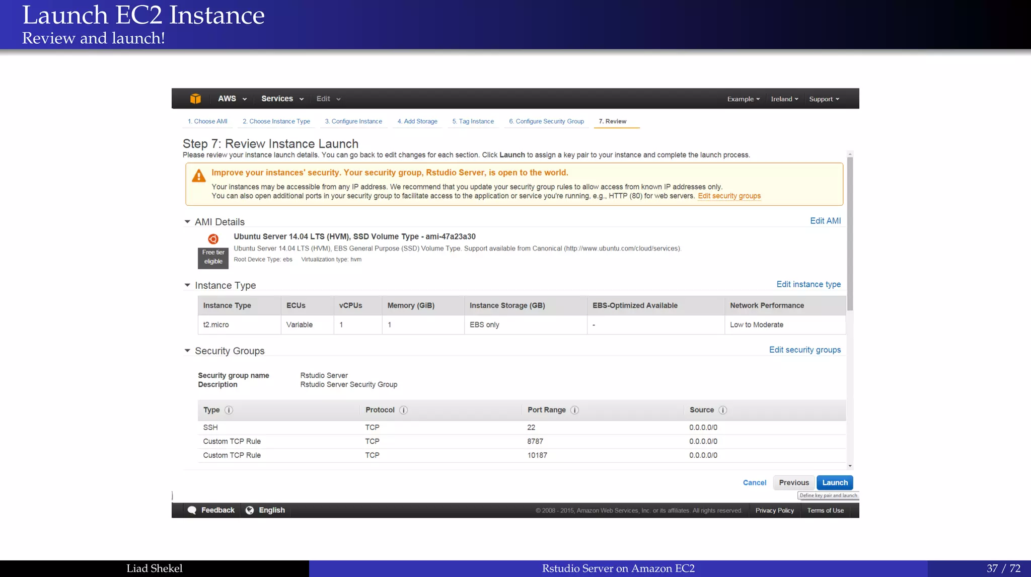 Launch EC2 Instance
Review and launch!
Liad Shekel Rstudio Server on Amazon EC2 37 / 72
 