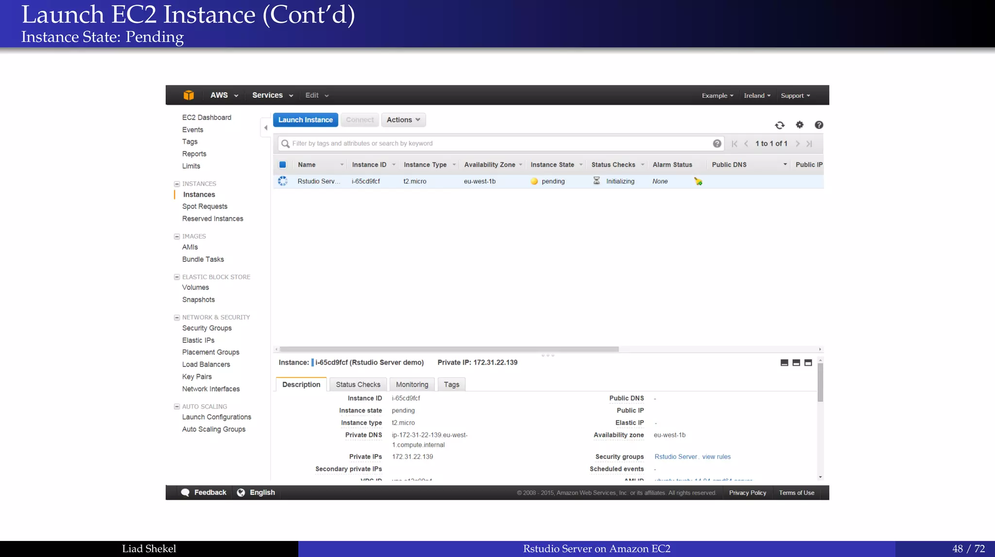 Launch EC2 Instance (Cont’d)
Instance State: Pending
Liad Shekel Rstudio Server on Amazon EC2 48 / 72
 
