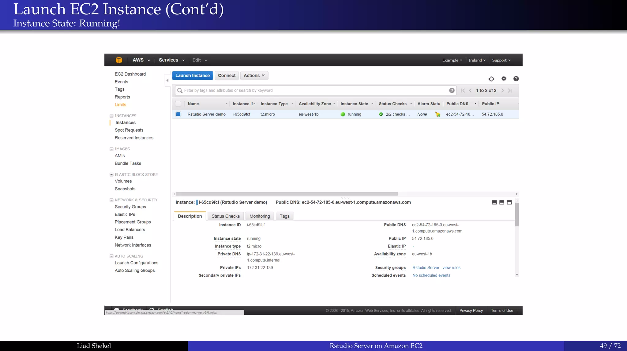 Launch EC2 Instance (Cont’d)
Instance State: Running!
Liad Shekel Rstudio Server on Amazon EC2 49 / 72
 