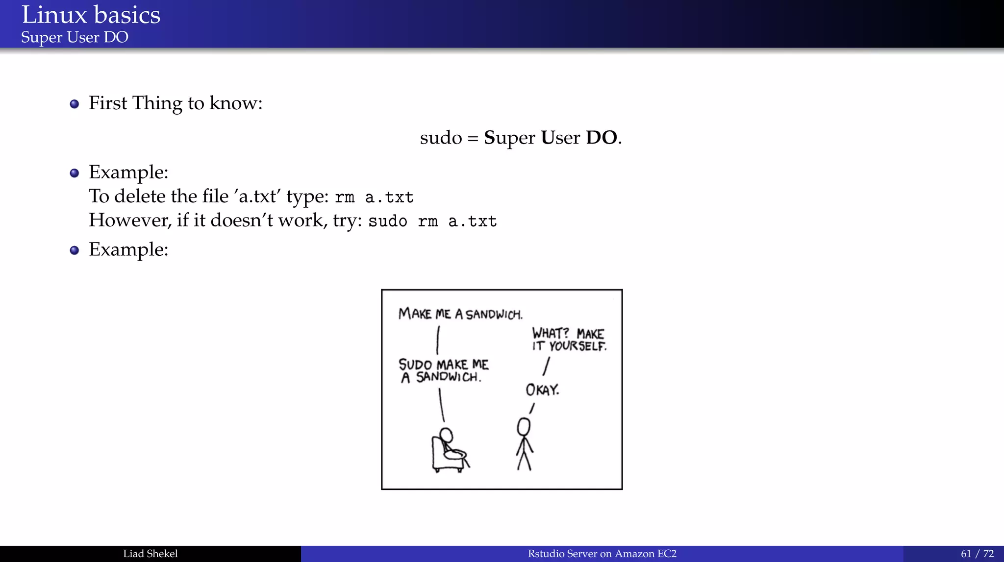 Linux basics
Super User DO
First Thing to know:
sudo = Super User DO.
Example:
To delete the ﬁle ’a.txt’ type: rm a.txt
However, if it doesn’t work, try: sudo rm a.txt
Example:
Liad Shekel Rstudio Server on Amazon EC2 61 / 72
 