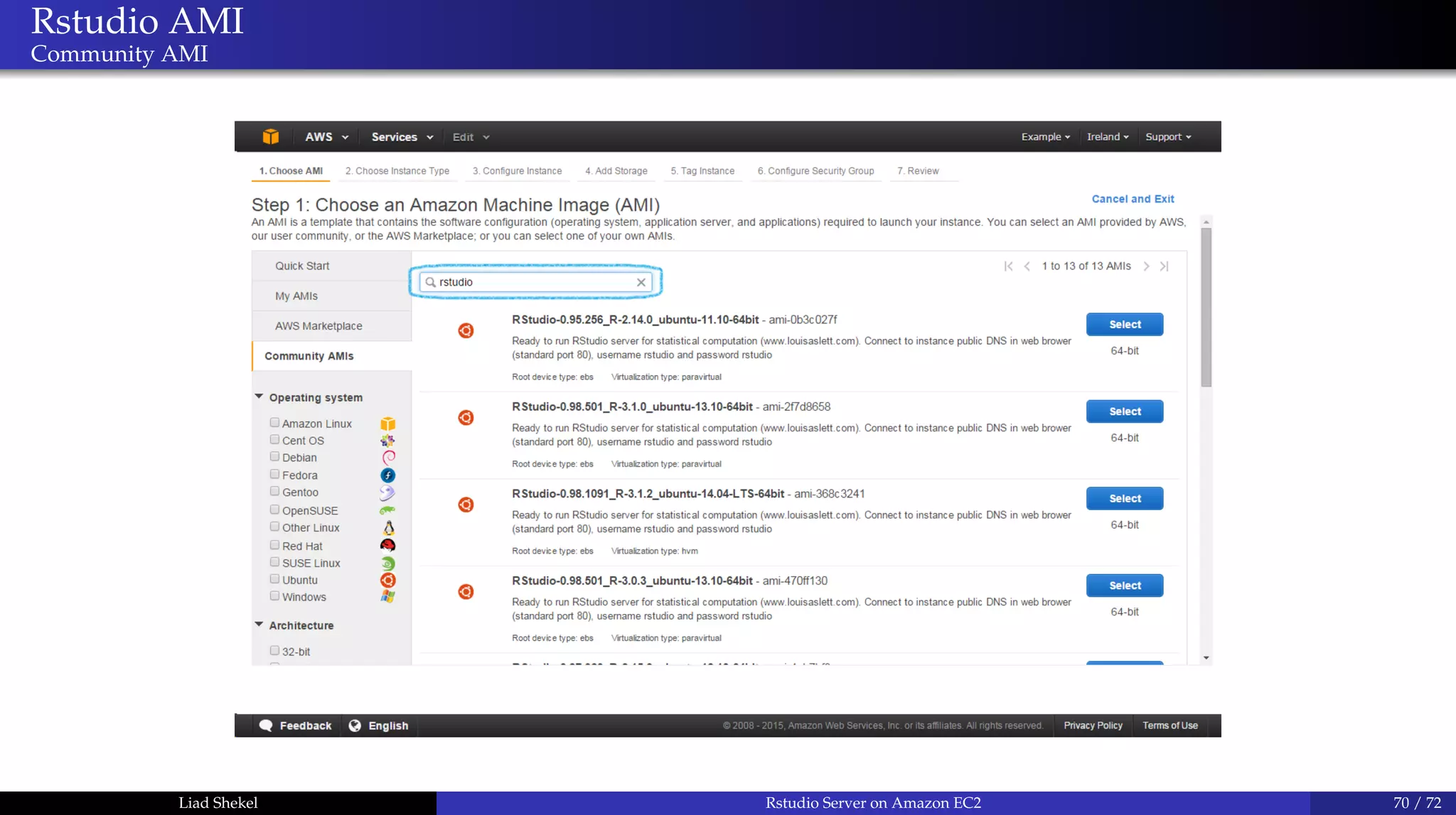 Rstudio AMI
Community AMI
Liad Shekel Rstudio Server on Amazon EC2 70 / 72
 