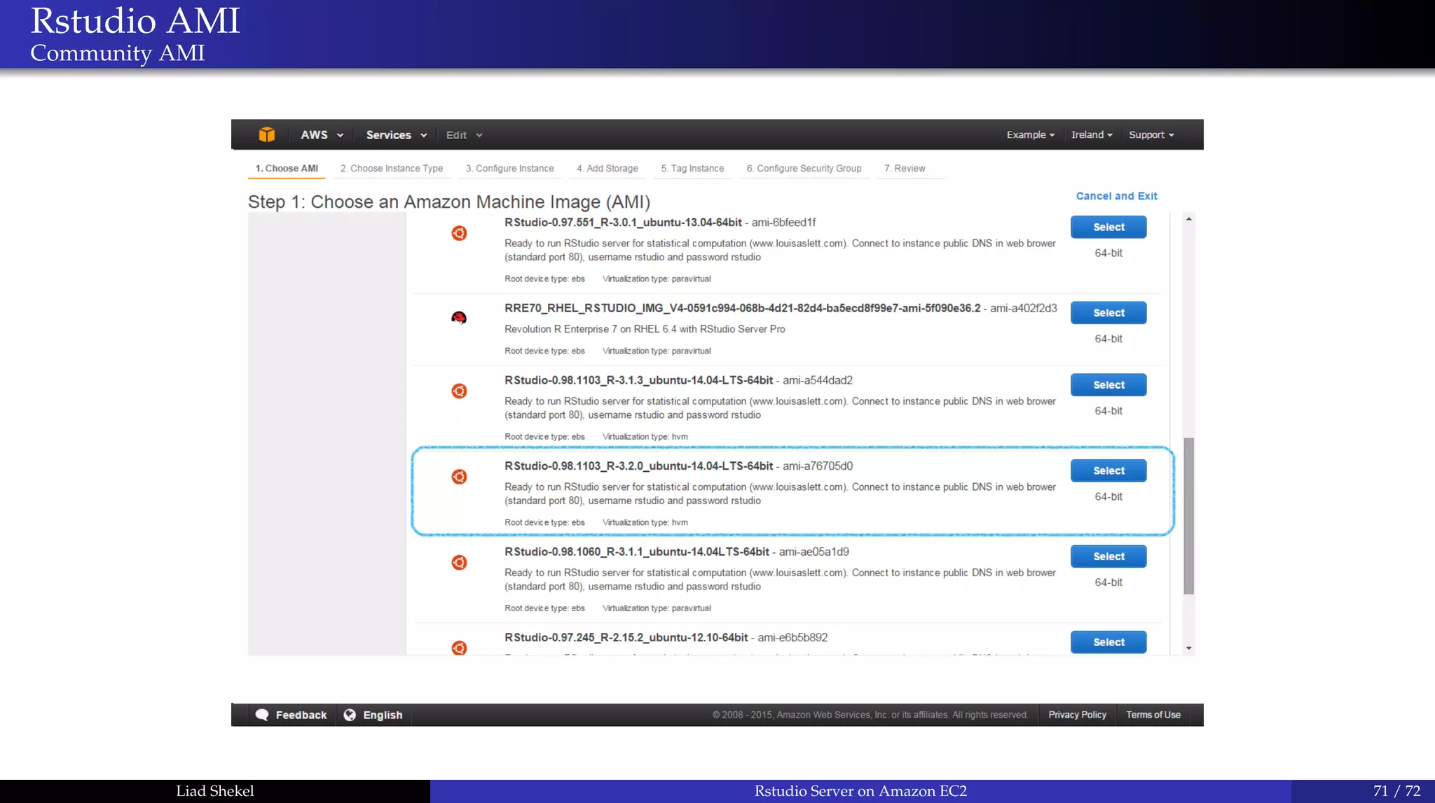 Rstudio AMI
Community AMI
Liad Shekel Rstudio Server on Amazon EC2 71 / 72
 