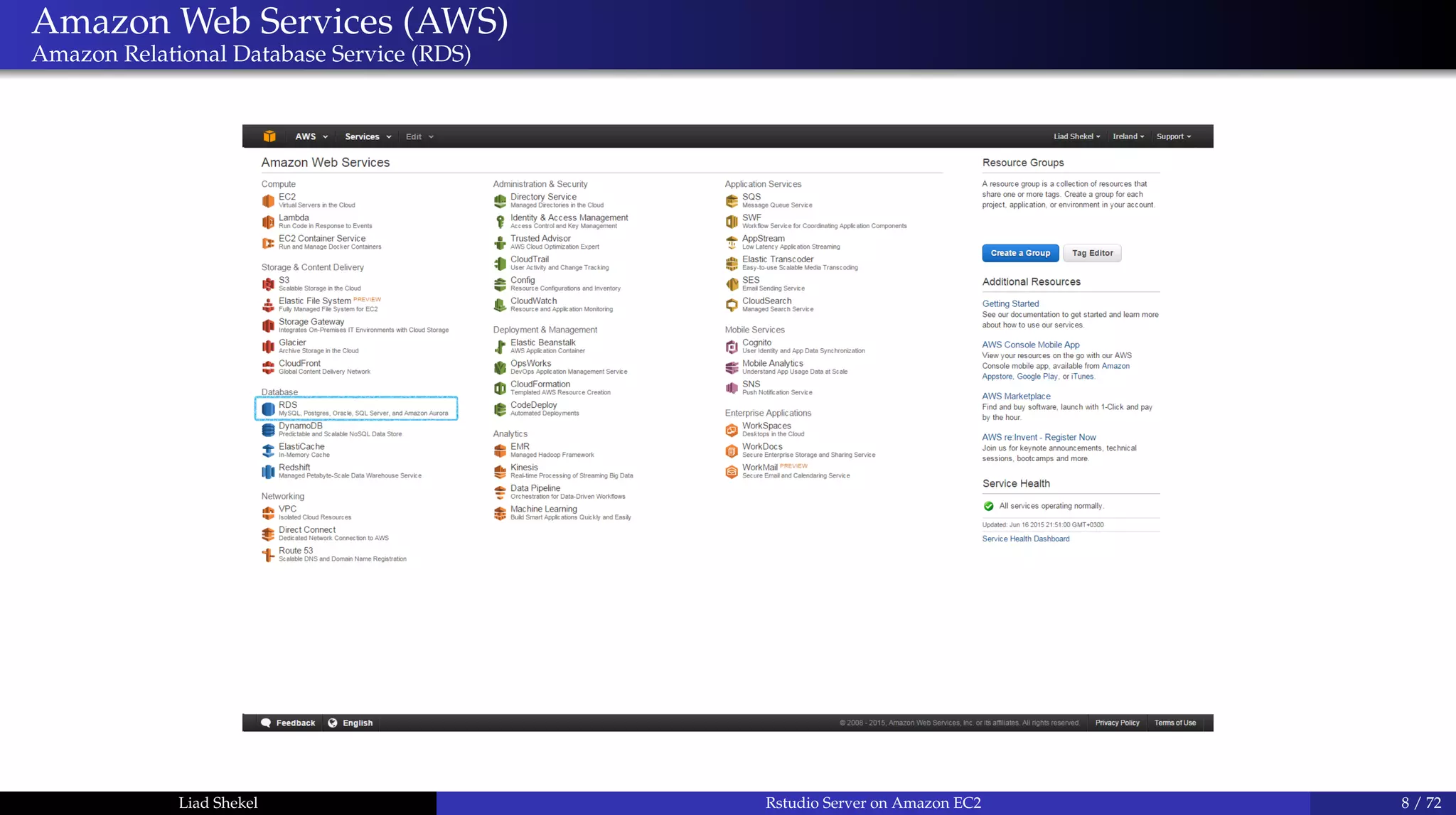 Amazon Web Services (AWS)
Amazon Relational Database Service (RDS)
Liad Shekel Rstudio Server on Amazon EC2 8 / 72
 