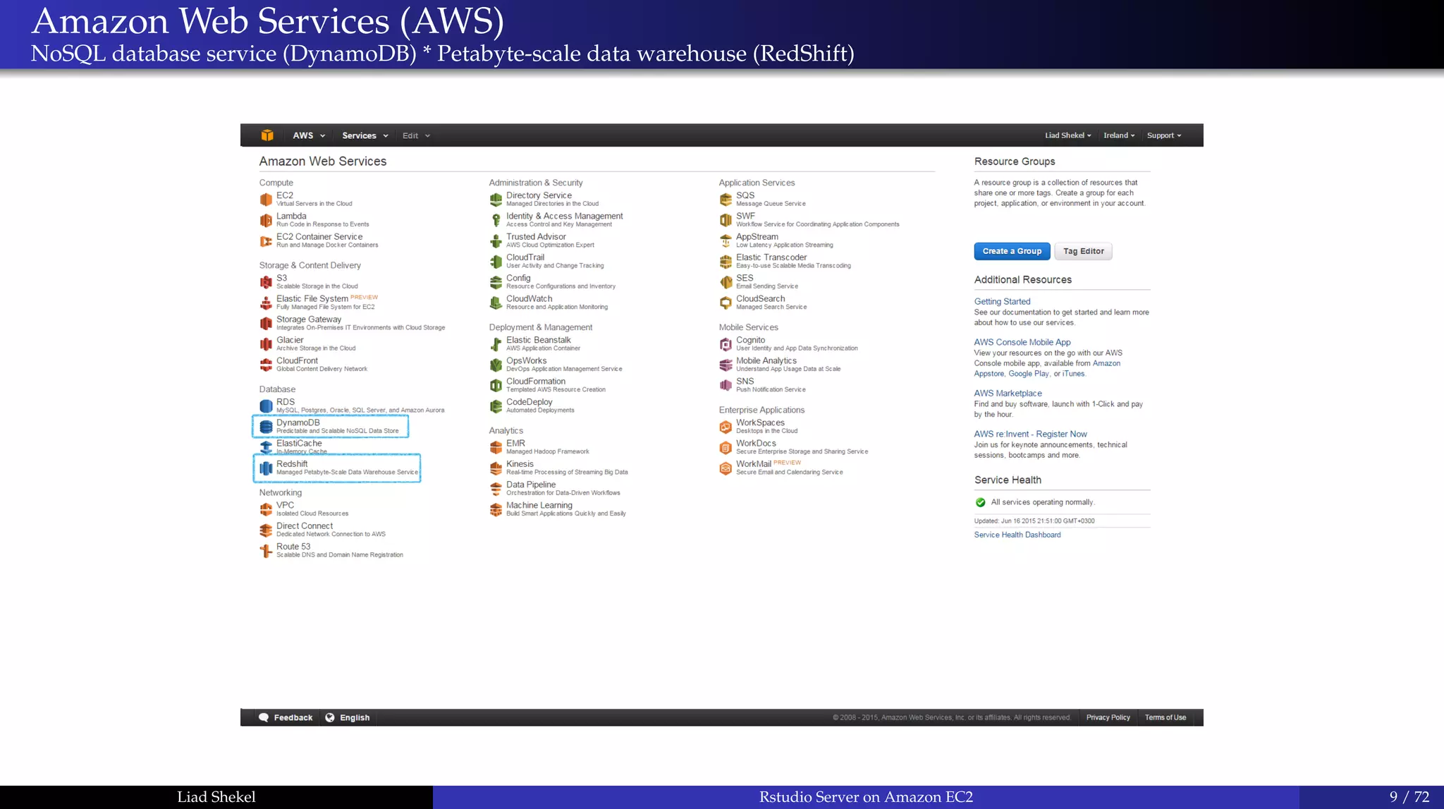 Amazon Web Services (AWS)
NoSQL database service (DynamoDB) * Petabyte-scale data warehouse (RedShift)
Liad Shekel Rstudio Server on Amazon EC2 9 / 72
 
