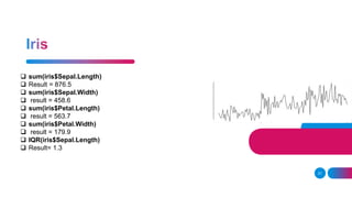 21
 sum(iris$Sepal.Length)
 Result = 876.5
 sum(iris$Sepal.Width)
 result = 458.6
 sum(iris$Petal.Length)
 result = 563.7
 sum(iris$Petal.Width)
 result = 179.9
 IQR(iris$Sepal.Length)
 Result= 1.3
 