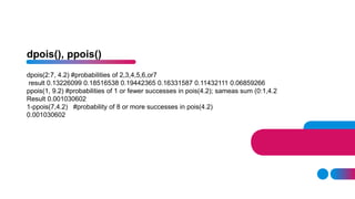 dpois(2:7, 4.2) #probabilities of 2,3,4,5,6,or7
result 0.13226099 0.18516538 0.19442365 0.16331587 0.11432111 0.06859266
ppois(1, 9.2) #probabilities of 1 or fewer successes in pois(4.2); sameas sum (0:1,4.2
Result 0.001030602
1-ppois(7,4.2) #probability of 8 or more successes in pois(4.2)
0.001030602
dpois(), ppois()
 
