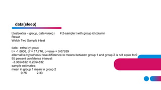 t.test(extra ~ group, data=sleep) # 2-sample t with group id column
Result
Welch Two Sample t-test
data: extra by group
t = -1.8608, df = 17.776, p-value = 0.07939
alternative hypothesis: true difference in means between group 1 and group 2 is not equal to 0
95 percent confidence interval:
-3.3654832 0.2054832
sample estimates:
mean in group 1 mean in group 2
0.75 2.33
data(sleep)
 
