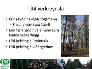 Lítil verkreynsla
• Fáir reyndir skógarhögsmenn
  – Flestir endast stutt í starfi
• Enn færri góðir vélamenn sem
  kunna skógarhögg
• Lítil þekking á úrvinnslu
• Lítil þekking á viðargæðum
 