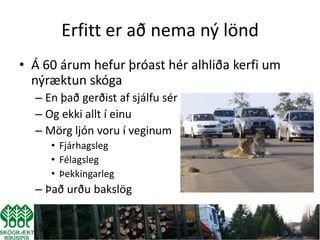 Erfitt er að nema ný lönd
• Á 60 árum hefur þróast hér alhliða kerfi um
  nýræktun skóga
  – En það gerðist af sjálfu sér
  – Og ekki allt í einu
  – Mörg ljón voru í veginum
     • Fjárhagsleg
     • Félagsleg
     • Þekkingarleg
  – Það urðu bakslög
 