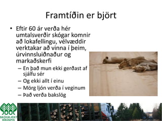 Framtíðin er björt
• Eftir 60 ár verða hér
  umtalsverðir skógar komnir
  að lokafellingu, vélvæddir
  verktakar að vinna í þeim,
  úrvinnsluiðnaður og
  markaðskerfi
  – En það mun ekki gerðast af
    sjálfu sér
  – Og ekki allt í einu
  – Mörg ljón verða í veginum
  – Það verða bakslög
 