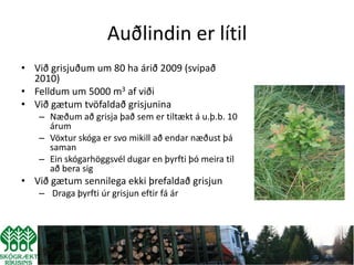 Auðlindin er lítil
• Við grisjuðum um 80 ha árið 2009 (svipað
  2010)
• Felldum um 5000 m3 af viði
• Við gætum tvöfaldað grisjunina
   – Næðum að grisja það sem er tiltækt á u.þ.b. 10
     árum
   – Vöxtur skóga er svo mikill að endar næðust þá
     saman
   – Ein skógarhöggsvél dugar en þyrfti þó meira til
     að bera sig
• Við gætum sennilega ekki þrefaldað grisjun
   – Draga þyrfti úr grisjun eftir fá ár
 