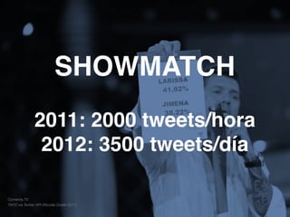 SHOWMATCH
                2011: 2000 tweets/hora
                 2012: 3500 tweets/día

Comenta.TV
TNYZ vía Twitter API (...