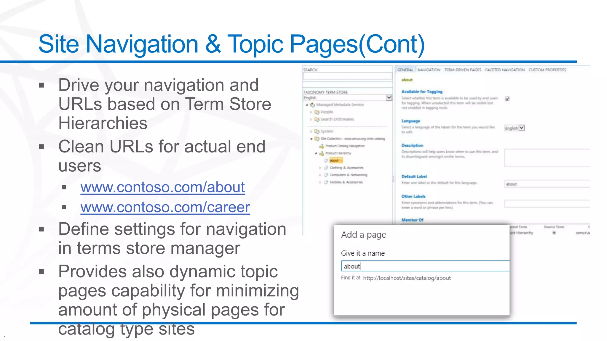 .
Site Navigation & Topic Pages(Cont)
www.contoso.com/about
www.contoso.com/career
 