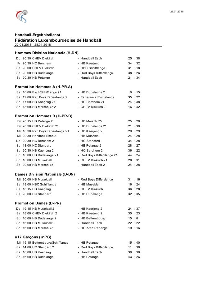 29.01.2018
Handball-Ergebnisdienst
F�d�ration Luxembourgeoise de Handball
22.01.2018 - 28.01.2018
Hommes Division National...