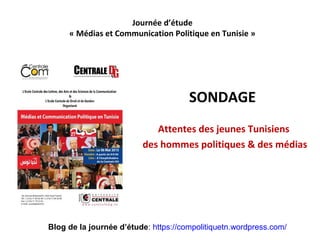 SONDAGE
Attentes des jeunes Tunisiens
des hommes politiques & des médias
Journée d’étude
« Médias et Communication Politique en Tunisie »
Blog de la journée d’étude: https://compolitiquetn.wordpress.com/
 