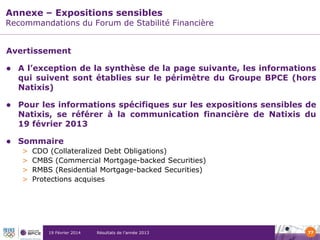Annexe – Expositions sensibles

Recommandations du Forum de Stabilité Financière
Avertissement


A l’exception de la synthèse de la page suivante, les informations
qui suivent sont établies sur le périmètre du Groupe BPCE (hors
Natixis)



Pour les informations spécifiques sur les expositions sensibles de
Natixis, se référer à la communication financière de Natixis du
19 février 2013



Sommaire
>
>
>
>

CDO (Collateralized Debt Obligations)
CMBS (Commercial Mortgage-backed Securities)
RMBS (Residential Mortgage-backed Securities)
Protections acquises

19 Février 2014

Résultats de l’année 2013

77

 