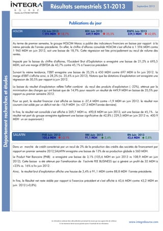 Au terme de premier semestre, le groupe HOLCIM Maroc a publié des indicateurs financiers en baisse par rapport à la
même période de l’année précédente. En effet, le chiffre d’affaires consolidé HOLCIM s’est affiché à 1 594 MDH contre
1 960 MDH en juin 2012, soit une baisse de 18,7%. Cette régression est liée principalement au recul de volume des
ventes.
Impacté par la baisse du chiffre d’affaires, l’Excédent Brut d’Exploitation a enregistré une baisse de 21,2% à 695,5
MDH, soit une marge d’EBITDA de 43,7% contre 45,1% à l’exercice précédent.
Suivant la même tendance, l’EBIT enregistre une baisse de 35,5% à 450 MDH contre 697 MDH à fin juin 2012. la
marge d’EBIT s’affiche ainsi, à 28,2% (vs. 35,6% à juin 2012). Notons que les dotations d’exploitation ont enregistré une
régression de 30,5% par rapport à juin 2012.
La baisse du résultat d’exploitation reflète l’effet combiné du recul des produits d’exploitation ( -22%), atténué par la
minimisation des charges qui ont baissé que de 14,9% pour ressortir un résultat de 449,9 MDH en baisse de 35,5% par
rapport au premier semestre 2012.
Pour sa part, le résultat financier s’est affiché en baisse à -37,4 MDH contre –1,9 MDH en juin 2012. le résultat non
courant s’est soldé par un déficit net de –16,9 MDH (vs +27.3 MDH l’année dernière).
In fine, le résultat net consolidé s’est affiché à 269,7 MDH vs. 490,8 MDH en juin 2012, soit une baisse de 45,1% . Le
résultat net part du groupe enregistre également une baisse significative de 42,8% ( 229,5 MDH en juin 2013 vs. 400.9
MDH un an auparavant.)
Septembre 2013
Résultats semestriels S1-2013Départementrecherchesetétudes
Membre de INTEGRA PARTNERS
Les informations contenues dans cette publication proviennent de sources que nous jugeons être de confiance.
Il n’est néanmoins donné aucune garantie quant à l’exactitude de ces informations.
www.integrabourse.com
Publications du jour
HOLCIM CA Juin 2013 REX Juin 2013 RNPG Juin 2013
1 594 MDH  18,7% 449,9 MDH  35,5% 229,5 MDH  42,8%
Dans un marché de crédit caractérisé par un recul de 2% de la production des crédits des sociétés de financement par
rapport en premier semestre 2012,SALAFIN enregistre une baisse de 13% de sa production globale à 560 MDH.
Le Produit Net Bancaire (PNB) a enregistré une baisse de 3,1% (105,6 MDH en juin 2013 vs 108,9 MDH en juin
2012). Cette baisse a été atténué par l’amélioration de l’activité FEE BUSINESS qui a généré un profit de 32 MDH à
+23% vs. 16% à fin juin 2012.
Ainsi, le résultat brut d’exploitation affiche une hausse de 3,4% à 91,1 MDH contre 88,8 MDH l’année précédente.
In fine, le Résultat net reste stable par rapport à l’exercice précédent et s’est affiché à 43,6 MDH contre 43,2 MDH en
juin 2012 (+0,8%).
SALAFIN PNB Juin 2013 RBE Juin 2013 RN Juin 2013
105,6 MDH  –3,1% 91,1 MDH  3,4% 43,6 MDH  0,8%
 