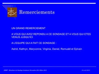 Remerciements
UN GRAND REMERCIEMENT
A VOUS QUI AVEZ REPONDU A CE SONDAGE ET A VOUS QUI ETES
VENUS JUSQU’ICI
A L’EQUIPE QUI A FAIT CE SONDAGE :
Astrid, Kathryn, Maryvonne, Virginia, Daniel, Romuald et Sylvain
EBBP - Résultats du Sondage étudiants Novembre 2014-Mars 2015EBBP - Résultats du Sondage étudiants Novembre 2014-Mars 2015 10 avril 2015
 