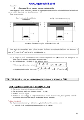 Béton Armé
12
2. Section en Té avec ou sans armatures comprimées
Le principe est le même que pour le cas d’une section simplement rectangulaire. Les deux inconnues fondamentales
qui doivent être déterminées pour la vérification sont x et I.
Deux cas se présentent :
Cas 1 : axe neutre dans la table de
compression
h0
Ast
b0
Asc
b
Cas 2 : axe neutre dans la nervure
h0
Ast
b0
b
x
Asc
x
Figure VII-3 - Zones de béton comprimé dans le cas d'une section en Té
Pour savoir où se situera l’axe neutre x, il est nécessaire d’effectuer un premier calcul arbitraire pour déterminer le
signe de ( ) ( )
x
d
nA
d
x
nA
bx
st
sc −
−
′
−
+
2
2
en remplaçant x par 0
h .
q Si le signe est positif, l’axe neutre est dans la table de compression (cas 1)à les calculs sont identiques au cas
d’une section rectangulaire (les équations ne changent pas).
q Si le signe est négatif, l’axe neutre est dans la nervure (cas 2) :
à l’équation pour déterminer x devient
( )( ) ( ) ( ) 0
2
2
2
0
0
2
=
−
−
′
−
+
−
−
− x
d
nA
d
x
nA
h
x
b
b
bx
st
sc
à l’équation pour déterminer I devient
( )( ) ( ) ( )2
2
3
0
0
3
3
3
d
x
nA
x
d
nA
h
x
b
b
bx
I sc
st ′
−
+
−
+
−
−
−
=
VIII. Vérification des sections sous contraintes normales – ELU
VIII.1. Hypothèses générales de calcul [Art. A4.3,2]
q Les sections droites restent planes après déformation
q Pas de glissement relatif entre armatures et béton ⇒ b
s ε
ε =
q Le béton tendue est négligé
q Le béton et acier n’ont pas un comportement élastique linéaire. En conséquence, les diagrammes contrainte –
déformation de référence pour le béton et l’acier sont précisés ci dessous.
Ä Béton [Art. A4.3,4]
Les diagrammes contrainte ( bc
σ ) - déformation ( bc
ε ) utilisables du béton comprimé sont :
q dans tous les cas : diagramme « parabole rectangle » [Art. A4.3,41]
www.4geniecivil.com
 