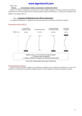 Béton Armé
15
VIII.3.b. Compression simple (compression centrée) [Art. B8.2]
Soumis à un effort de compression, un poteau peut s’avérer instable et flamber. Il est donc nécessaire de prendre en
compte dans les calculs une longueur fictive du poteau appelée longueur de flambement f
l à la place de sa longueur réelle
(appelée aussi longueur libre) 0
l .
1. Longueur de flambement [Art. B8.3] et élancement
La longueur de flambement f
l dépend du type de liaison présente aux extrémités de l’élément considéré.
Cas du poteau isolé [Art. B8.3,2]
1 extrémité libre
1 extrémité encastrée
lf=2.00*l0
2 extrémités articulées
lf=1.00*l0
1 extrémité articulée
1 extrémité encastrée
lf=0.707*l0
2 extrémités
encastrées
lf=0.5*l0
Relation lf et l0 :
Relation entre leff
et l en fonction du type de liaison
l0 : longueur libre de l'élément
lf
: longueur effective ou longueur de flambement équivalente
l
Figure VIII-5 - Relation longueur libre/longueur de flambement
Cas des bâtiments [Art. B8.3,3]
Lorsqu’il s’agit de structures complexes type bâtiments, la déduction de la longueur de flambement n’est pas aussi
évidente et il est nécessaire de considérer comparativement les diverses rigidités (ou inerties) des poteaux et poutres.
www.4geniecivil.com
 