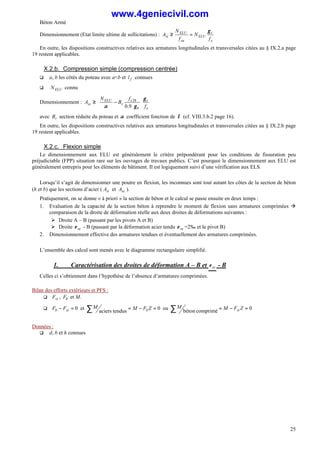 Béton Armé
25
Dimensionnement (Etat limite ultime de sollicitations) :
e
s
ELU
su
ELU
st
f
N
f
N
A
γ
=
≥
En outre, les dispositions constructives relatives aux armatures longitudinales et transversales citées au § IX.2.a page
19 restent applicables.
X.2.b. Compression simple (compression centrée)
q a, b les côtés du poteau avec a<b et f
l connues
q ELU
N connu
Dimensionnement :
e
s
b
c
r
ELU
sc
f
f
B
N
A
γ
γ
α






⋅
−
≥
9
.
0
28
avec r
B section réduite du poteau et α coefficient fonction de λ (cf. VIII.3.b.2 page 16).
En outre, les dispositions constructives relatives aux armatures longitudinales et transversales citées au § IX.2.b page
19 restent applicables.
X.2.c. Flexion simple
Le dimensionnement aux ELU est généralement le critère prépondérant pour les conditions de fissuration peu
préjudiciable (FPP) situation rare sur les ouvrages de travaux publics. C’est pourquoi le dimensionnement aux ELU est
généralement entrepris pour les éléments de bâtiment. Il est logiquement suivi d’une vérification aux ELS.
Lorsqu’il s’agit de dimensionner une poutre en flexion, les inconnues sont tout autant les côtes de la section de béton
(h et b) que les sections d’acier ( st
A et sc
A ).
Pratiquement, on se donne « à priori » la section de béton et le calcul se passe ensuite en deux temps :
1. Evaluation de la capacité de la section béton à reprendre le moment de flexion sans armatures comprimées à
comparaison de la droite de déformation réelle aux deux droites de déformations suivantes :
Ø Droite A – B (passant par les pivots A et B)
Ø Droite se
ε - B (passant par la déformation acier tendu se
ε =2‰ et le pivot B)
2. Dimensionnement effective des armatures tendues et éventuellement des armatures comprimées.
L’ensemble des calcul sont menés avec le diagramme rectangulaire simplifié.
1. Caractérisation des droites de déformation A – B et se
ε - B
Celles ci s’obtiennent dans l’hypothèse de l’absence d’armatures comprimées.
Bilan des efforts extérieurs et PFS :
q st
F , b
F et M.
q 0
=
− st
b F
F et 0
tendus
aciers
=
−
=
∑ Z
F
M
M b ou 0
comprimé
béton
=
−
=
∑ Z
F
M
M st
Données :
q d, b et h connues
www.4geniecivil.com
 