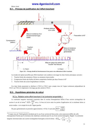 Béton Armé
31
XI.1. Principe de justification de l’effort tranchant
P
τ
τ
τ
τ
R
R
Fissuration à 45°
P
Traction
(acier)
Compression
(béton)
4
5
°
nu d'appui
x
Analyse statique
d'un cube
Mise en évidence
d'une fissuration
généralisée
Mise en place de cadre pour
"coudre" les fissures
nu d'appui
C
C
C
C
C
C
Mise en évidence d'un
fonctionnement type
treillis
4
5
°
Figure XI-1 - Principe détaillé du fonctionnement d'une poutre sous sollicitation d'effort tranchant.
Les modes de rupture possibles par effort tranchant vont conduire à envisager les états limites principaux suivants :
1. Traction limite des armatures d’âmes ou armatures transversales
2. Compression limite des bielles de béton comprimées limitées par deux fissures à 45°
3. Traction limite des aciers longitudinaux existants.
Ces états limite pourraient se décliner à l’ELS et l’ELU mais compte tenu de l’aspect nettement prépondérant de
l’ELU sur l’ELS, le règlement n’envisage que des calculs à l’ELU.
XI.2. Hypothèses générales de calcul
XI.2.a. Relation entre effort tranchant V et contrainte tangentielle τ
La contrainte tangente maximale (exprimée dans la section homogénéisée béton) d’une section rectangulaire de
section b est de la forme14
( ) ( )
bz
x
V
x =
τ avec z le bras de levier entre les points d’application de la résultante béton et
aciers tendus. x est compté du nu de l’appui gauche.
On pose généralement en première approximation z=0.9d, il vient alors ( ) ( )
bd
x
V
x
9
.
0
=
τ .
14
Compte tenu de l’hétérogénéité introduite par le cas d’une section de béton armé, cette expression diffère de celle
classiquement fournie par la résistance des matériaux construite pour le cas d’une section homogène. Rappel : la contrainte
tangente maximum dans une section rectangulaire homogène est de la forme : ( )






=
=
h
b
V
bh
V
x
3
2
2
3
max
τ .
www.4geniecivil.com
 
