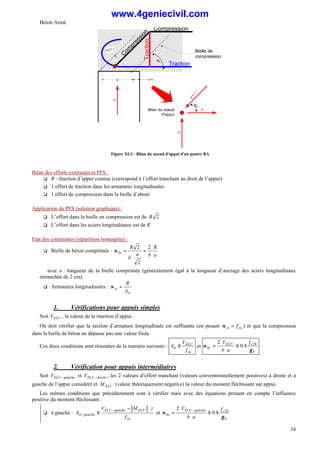 Béton Armé
34
C
o
m
p
r
e
s
s
i
o
n
Compression
Traction
a
Traction
R
R
R
R
*
2
1
/
2
Bilan du noeud
d'appui
4
5
°
a/21/2
Bielle de
compression
2 cm
4
5
°
Figure XI-3 - Bilan du noeud d'appui d'un poutre BA
Bilan des efforts extérieurs et PFS :
q R : réaction d’appui connue (correspond à l’effort tranchant au droit de l’appui)
q 1 effort de traction dans les armatures longitudinales
q 1 effort de compression dans la bielle d’about
Application du PFS (solution graphique) :
q L’effort dans la bielle en compression est de 2
R
q L’effort dans les aciers longitudinaux est de R
Etat des contraintes (répartition homogène) :
q Bielle de béton comprimée :
a
b
R
a
b
R
bc
⋅
⋅
=
⋅
=
2
2
2
σ
avec a : longueur de la bielle comprimée (généralement égal à la longueur d’ancrage des aciers longitudinaux
retranchée de 2 cm).
q Armatures longitudinales :
st
st
A
R
=
σ
1. Vérifications pour appuis simples
Soit ELU
V , la valeur de la réaction d’appui.
On doit vérifier que la section d’armature longitudinale est suffisante (en posant su
st f
=
σ ) et que la compression
dans la bielle de béton ne dépasse pas une valeur fixée.
Ces deux conditions sont résumées de la manière suivante :
su
ELU
st
f
V
A ≥ et
b
c
ELU
bc
f
a
b
V
γ
σ 28
8
.
0
2
≤
⋅
⋅
=
2. Vérification pour appuis intermédiaires
Soit gauche
ELU
V − et droite
ELU
V − , les 2 valeurs d’effort tranchant (valeurs conventionnellement positives) à droite et à
gauche de l’appui considéré et ELU
M (valeur théoriquement négative) la valeur du moment fléchissant sur appui.
Les mêmes conditions que précédemment sont à vérifier mais avec des équations prenant en compte l’influence
positive du moment fléchissant :
q à gauche :
su
ELU
gauche
ELU
gauche
st
f
z
M
V
A
⋅
−
≥
−
− et
b
c
gauche
ELU
bc
f
a
b
V
γ
σ 28
8
.
0
2
≤
⋅
⋅
=
−
www.4geniecivil.com
 