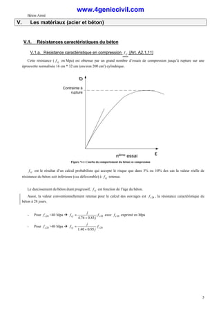 Béton Armé
5
V. Les matériaux (acier et béton)
V.1. Résistances caractéristiques du béton
V.1.a. Résistance caractéristique en compression cj
f [Art. A2.1,11]
Cette résistance ( cj
f en Mpa) est obtenue par un grand nombre d’essais de compression jusqu’à rupture sur une
éprouvette normalisée 16 cm * 32 cm (environ 200 cm²) cylindrique.
σ
ε
nième essai
Contrainte à
rupture
Figure V-1 Courbe de comportement du béton en compression
cj
f est le résultat d’un calcul probabiliste qui accepte le risque que dans 5% ou 10% des cas la valeur réelle de
résistance du béton soit inférieure (cas défavorable) à cj
f retenue.
Le durcissement du béton étant progressif, cj
f est fonction de l’âge du béton.
Aussi, la valeur conventionnellement retenue pour le calcul des ouvrages est 28
c
f , la résistance caractéristique du
béton à 28 jours.
- Pour 28
c
f <40 Mpa à 28
83
.
0
76
.
4
c
cj f
j
j
f
+
= avec 28
c
f exprimé en Mpa
- Pour 28
c
f >40 Mpa à 28
95
.
0
40
.
1
c
cj f
j
j
f
+
=
www.4geniecivil.com
 