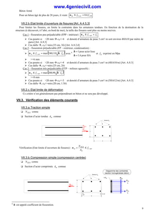 Béton Armé
9
Pour un béton âgé de plus de 28 jours, il vient : 28
6
.
0 c
ser
b
bc f
f =
≤
σ
VII.2.b.Etat limite d’ouverture de fissures [Art. A.4.5,3]
Pour limiter les fissures, on limite la contrainte dans les armatures tendues. En fonction de la destination de la
structure (à découvert, à l’abri, en bord de mer), la taille des fissures sont plus ou moins nocives.
Cas 1 - fissuration peu préjudiciable (FPP - intérieur) : e
ser
s
st f
f =
≤
σ
Ø Cas poutre si ∅>20 mm à eH<=4∅ et densité d’armature de peau 3 cm²/ m soit environ 4HA10 par mètre de
paroi [Art. A.8.3]
Ø Cas dalle à, eH<=min.(33 cm, 3h) [Art. A.8.2,4]
Cas 2 – fissuration préjudiciable (FP – extérieur, condensation) :
Ø ( )
tj
ser
s
st f
f ⋅
=
≤ η
σ 110
,
240
max avec 8



=
=
pour HA
6
.
1
lisse
acier
pour
1
η
η
et tj
f exprimé en Mpa
Ø ∅>=6 mm
Ø Cas poutre si ∅>20 mm à eH<=4∅ et densité d’armature de peau 3 cm²/ m (4HA10/m) [Art. A.8.3]
Ø Cas dalle à, eH<=min.(25 cm, 2h)
Cas 3 – fissuration très préjudiciable (FTP – milieux agressifs) :
Ø ( )
tj
ser
s
st f
f ⋅
=
≤ η
σ 90
,
200
max
Ø ∅>=8 mm
Ø Cas poutre si ∅>20 mm à eH<=3∅ et densité d’armature de peau 5 cm²/ m (5HA12/m) [Art. A.8.3]
Ø Cas dalle à, eH<=min.(20 cm, 1.5h)
VII.2.c.Etat limite de déformation
Ce critère n’est généralement pas prépondérant en béton et ne sera pas développé.
VII.3. Vérification des éléments courants
VII.3.a.Traction simple
q ELS
N connu
q Section d’acier tendue st
A connue
b
a
SectionAst
NELS
ou
NELU
Vérification (Etat limite d’ouverture de fissures) : ser
s
st
ELS
st f
A
N
≤
=
σ
VII.3.b.Compression simple (compression centrée)
q ELS
N connu
q Section d’acier comprimée sc
A connue
b
a
Section Asc
1 cm
1 cm
NELS
σbc
n.Asc
n
sc
σ
Diagramme des contraintes
(section homogénéisée béton)
n
sc
σ
8
η est appelé coefficient de fissuration.
www.4geniecivil.com
 