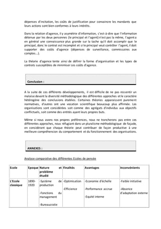 dépenses d'incitation, les coûts de justification pour convaincre les mandants que
leurs actions sont bien conformes à leurs intérêts.
Dans la relation d'agence, il y asymétrie d'information, c'est-à-dire que l'information
détenue par les deux personnes (le principal et l'agent) n'est pas la même, l'agent a
en général une connaissance plus grande sur la tache qu'il doit accomplir que le
principal, donc le contrat est incomplet et si le principal veut contrôler l'agent, il doit
supporter des coûts d'agence (dépenses de surveillance, commissaires aux
comptes...).
La théorie d'agence tente ainsi de définir la forme d'organisation et les types de
contrats susceptibles de minimiser ces coûts d'agence.
Conclusion :
A la suite de ces différents développements, il est difficile de ne pas ressentir un
malaise devant la diversité méthodologique des différentes approches et le caractère
hétérogène des conclusions établies. Certaines théories apparaissent purement
normatives, d'autres ont une vocation scientifique beaucoup plus affirmée. Les
organisations sont considérées soit comme des agrégats d'individus aux objectifs
conflictuels, soit comme des entités ayant leurs propres buts.
Même si nous avons nos propres préférences, nous ne trancherons pas entre ces
différentes approches, nous réfugiant dans un pluralisme méthodologique de façade,
en considérant que chaque théorie peut contribuer de façon productive à une
meilleure compréhension du comportement et du fonctionnement des organisations.
ANNEXES :
Analyse comparative des différentes Ecoles de pensée
Ecole Epoque Nature et
problème
étudié
Finalités Avantages Inconvénients
L'Ecole
classique
1890-
1920
-Système de
production
-Fonctions du
management
-Bureaucratie
-Optimisation
-Efficience
-Economie d'échelle
-Performance accrue
-Equité interne
-Faible initiative
-Absence
d'adaptation externe
 