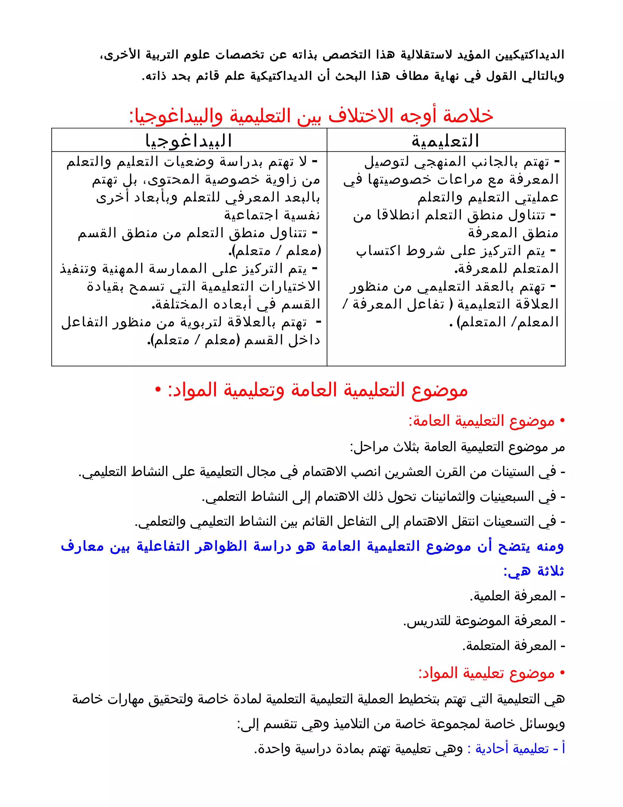 ‫الديداكتيكيين المؤيد لستقللية هذا التخصص بذاته عن تخصصات علوم التربية الخرى،‬
              ‫وبالتالي القول في نهاية مطاف هذا البحث أن الديداكتيكية علم قائم بحد ذات ه.‬


           ‫خلصة أوجه الختلف بين التعليمية والبيداغوجيا:‬
              ‫البيداغوجيا‬                                     ‫التعليمية‬
 ‫- ل تهتم بدراسة وضعيات التعليم والتعلم‬               ‫- تهتم بالجانب المنهجي لتوصيل‬
     ‫من زاوية خصوصية المحتوى، بل تهتم‬             ‫المعرفة مع مراعات خصوصيتها في‬
      ‫بالبعد المعرفي للتعلم وبأبعاد أخرى‬                     ‫عمليتي التعليم والتعلم‬
                           ‫نفسية اجتماعية‬           ‫- تتناول منطق التعلم انطلقا من‬
   ‫- تتناول منطق التعلم من منطق القسم‬                                 ‫منطق المعرفة‬
                            ‫) معلم / متعلم(.‬        ‫- يتم التركيز على شروط اكتساب‬
‫- يتم التركيز على الممارسة المهنية وتنفيذ‬                          ‫المتعلم للمعرفة.‬
    ‫الختيارات التعليمية التي تسمح بقيادة‬           ‫- تهتم بالعقد التعليمي من منظور‬
                ‫القسم في أبعاده المختلفة.‬         ‫العلقة التعليمية ) تفاعل المعرفة /‬
‫- تهتم بالعلقة لتربوية من منظور التفاعل‬                           ‫المعلم/ المتعلم( .‬
               ‫داخل القسم ) معلم / متعلم(.‬


                ‫موضوع التعليمية العامة وتعليمية المواد: •‬
                                                              ‫• موضوع التعليمية العامة:‬
                                                   ‫مر موضوع التعليمية العامة بثلث مراحل:‬
   ‫- في الستينات من القرن العشرين انصب الهتمام في مجال التعليمية على النشاط التعليمي.‬
                        ‫- في السبعينيات والثمانينات تحول ذلك الهتمام إلى النشاط التعلمي.‬
             ‫- في التسعينات انتقل الهتمام إلى التفاعل القائم بين النشاط التعليمي والتعلمي.‬
‫ومنه يتضح أن موضوع التعليمية العامة هو دراسة الظواهر التفاعلية بين معارف‬
                                                                               ‫ثلثة ه ي:‬
                                                                         ‫- المعرفة العلمية.‬
                                                             ‫- المعرفة الموضوعة للتدريس.‬
                                                                        ‫- المعرفة المتعلمة.‬
                                                                ‫• موضوع تعليمية المواد:‬
  ‫هي التعليمية التي تهتم بتخطيط العملية التعليمية التعلمية لمادة خاصة ولتحقيق مهارات خاصة‬
                               ‫وبوسائل خاصة لمجموعة خاصة من التلميذ وهي تنقسم إلى:‬
                                  ‫أ - تعليمية أحادية : وهي تعليمية تهتم بمادة دراسية واحدة.‬
 