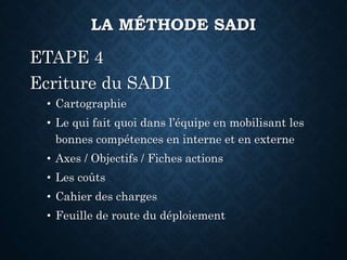 ETAPE 4
Ecriture du SADI
• Cartographie
• Le qui fait quoi dans l’équipe en mobilisant les
bonnes compétences en interne et en externe
• Axes / Objectifs / Fiches actions
• Les coûts
• Cahier des charges
• Feuille de route du déploiement
LA MÉTHODE SADI
 