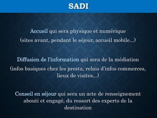SADI
Accueil qui sera physique et numérique
(sites avant, pendant le séjour, accueil mobile...)
Diffusion de l’information qui sera de la médiation
(infos basiques chez les presta, relais d’infos commerces,
lieux de visites...)
Conseil en séjour qui sera un acte de renseignement
abouti et engagé, du ressort des experts de la
destination
 