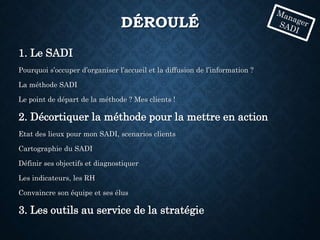 DÉROULÉ
1. Le SADI
Pourquoi s’occuper d’organiser l’accueil et la diffusion de l’information ?
La méthode SADI
Le point de départ de la méthode ? Mes clients !
2. Décortiquer la méthode pour la mettre en action
Etat des lieux pour mon SADI, scenarios clients
Cartographie du SADI
Définir ses objectifs et diagnostiquer
Les indicateurs, les RH
Convaincre son équipe et ses élus
3. Les outils au service de la stratégie
 