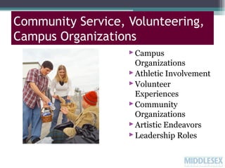 Community Service, Volunteering,
Campus Organizations
 Campus
Organizations
 Athletic Involvement
 Volunteer
Experiences
 Community
Organizations
 Artistic Endeavors
 Leadership Roles

 